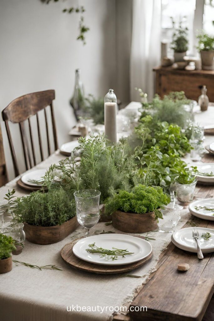 Mesa con diseño biofílico: macetas con hierbas aromáticas, centro de hojas verdes y vajilla en tonos tierra.