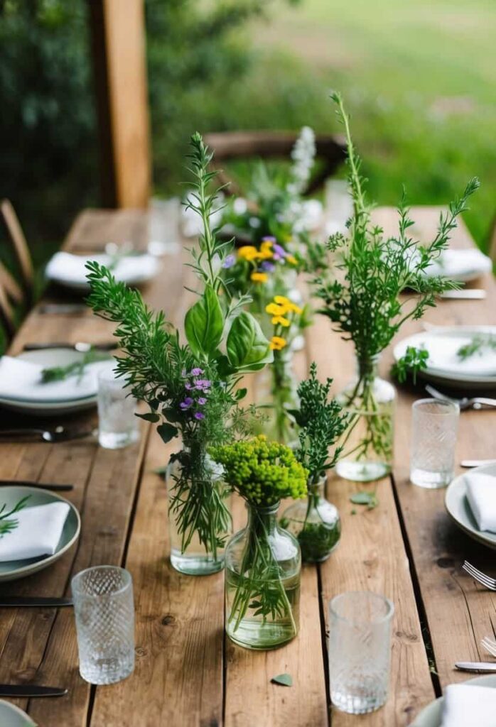 Mesa con diseño biofílico: macetas con hierbas aromáticas, centro de hojas verdes y vajilla en tonos tierra.