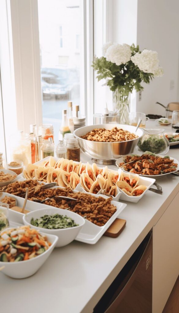 Mesa con tacos  y bandejas redondeadas para compartir en una reunión en casa.